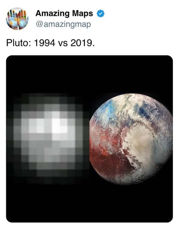 Comparison map graphic showing pixelated 1994 Hubble image of Pluto versus detailed 2019 photograph.