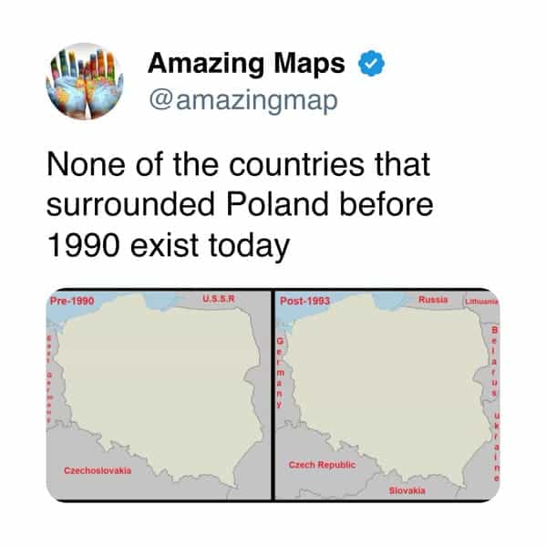Historical map comparison demonstrating how all neighboring countries around Poland changed after 1990