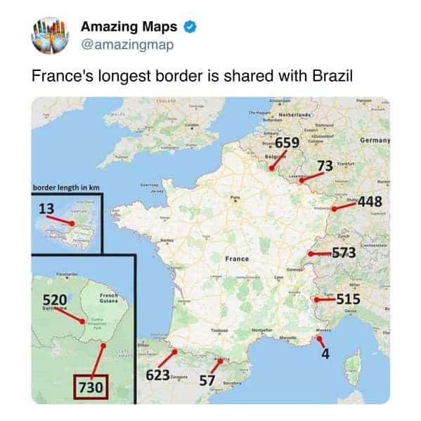 European and South American map breakdown illustrating France sharing its longest land border with Brazil.