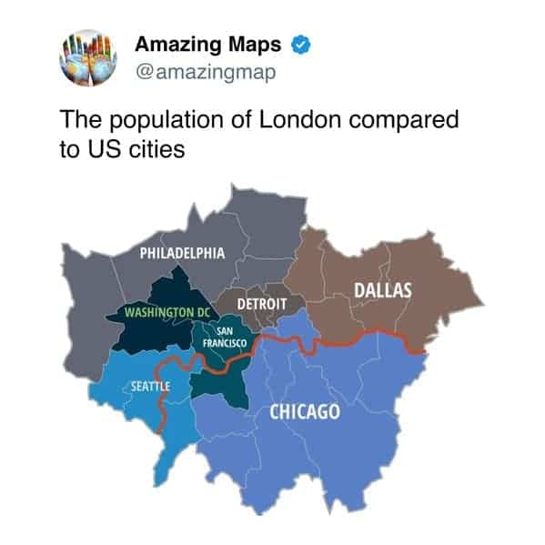 Map of London visually divided into equivalent population sizes of major American cities.