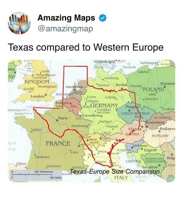 Geographic map outline of Texas superimposed directly over Western Europe to compare overall size.