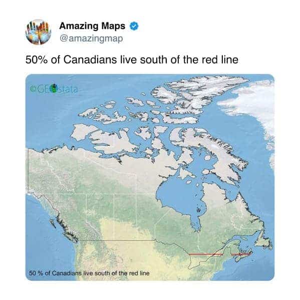 Map of Canada highlighting red line proving half of population lives far south.