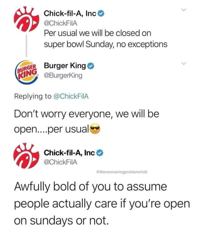 Twitter argument between Chick-fil-A and Burger King about Sunday opening hours in corporate brand roasts.