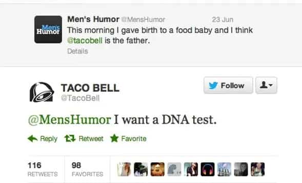 Taco Bell responding with a funny DNA test joke to a Twitter user in corporate brand roasts.