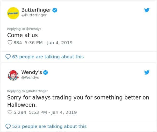 Wendy’s trolling Butterfinger about being traded for better candy on Halloween in corporate brand roasts memes.