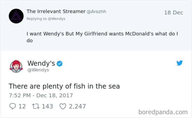 Wendy’s advising a Twitter follower to break up over fast food preferences in corporate brand roasts.
