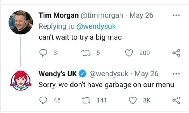 Wendy’s UK calling McDonald’s Big Mac burger menu items garbage on Twitter in corporate brand roasts.