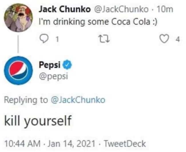 Pepsi responding with an unhinged blunt tweet to a Coca-Cola fan for hilarious corporate brand roasts.