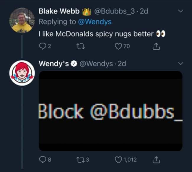 Wendy’s blocking a Twitter follower who preferred McDonald’s chicken nuggets in funny corporate brand roasts.