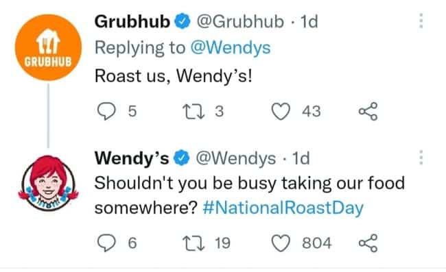 Wendy’s roasting food delivery service Grubhub on National Roast Day for viral corporate brand roasts memes.
