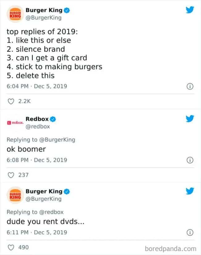 Burger King and Redbox exchanging quick Twitter insults over rental DVDs in corporate brand roasts memes.