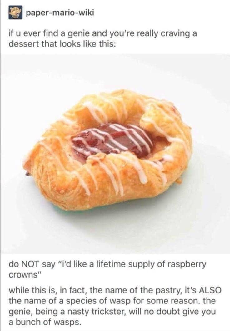 An entertaining old memes screenshot warning about trickster genies and the unexpected biological double meaning of a raspberry crown pastry.