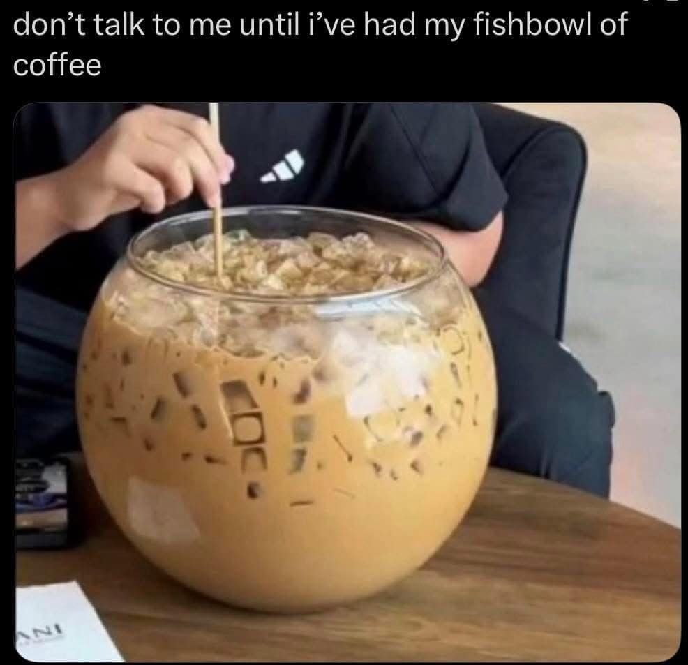 A chaotic old memes post features a person stirring an enormous glass fishbowl filled to the brim with iced coffee.