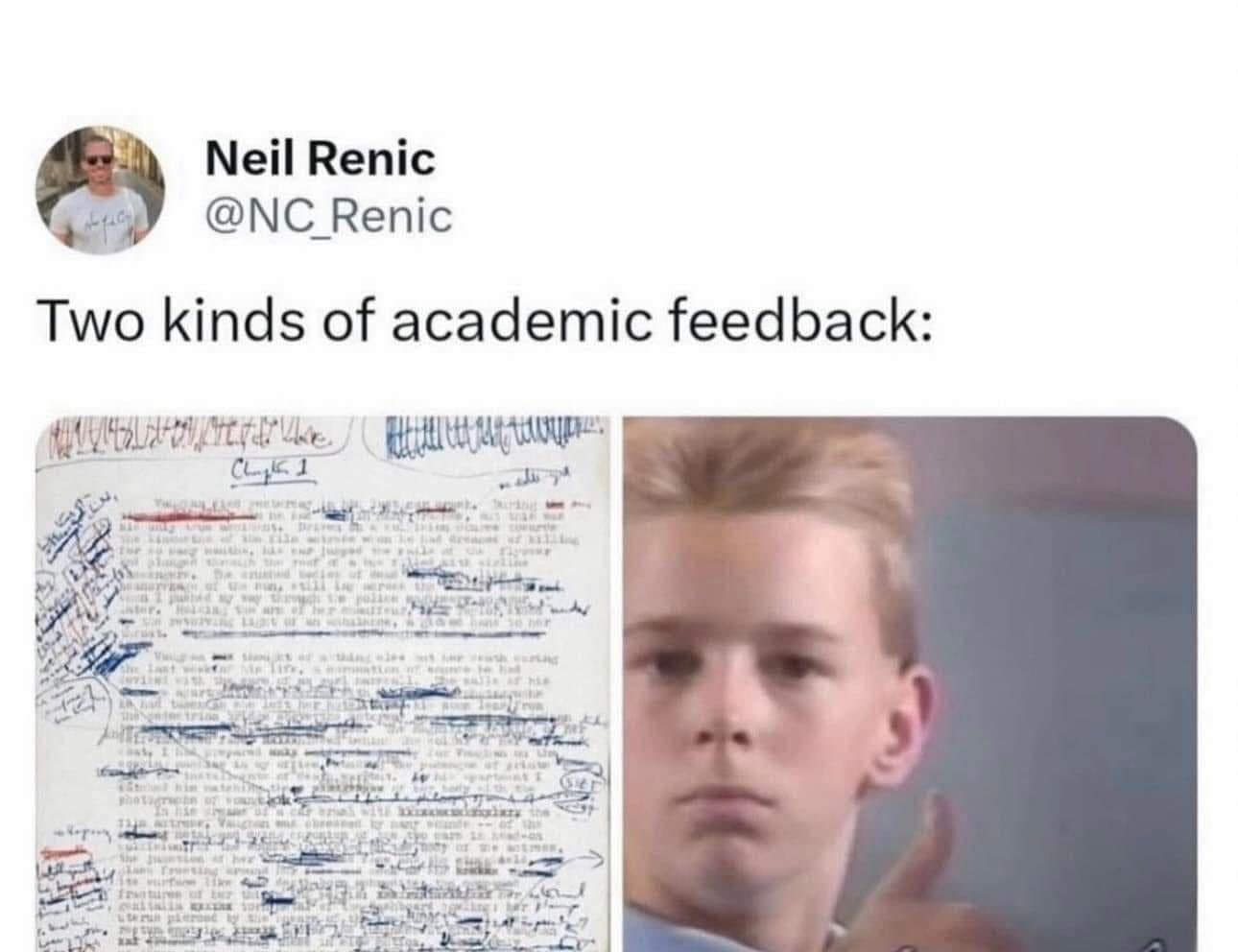 This relatable classic meme illustrates academic feedback with a heavily marked essay paper next to a boy's defeated expression.