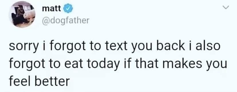 This comforting old memes text post shares a tweet by user matt apologizing for forgetting to text back because he forgot to eat.