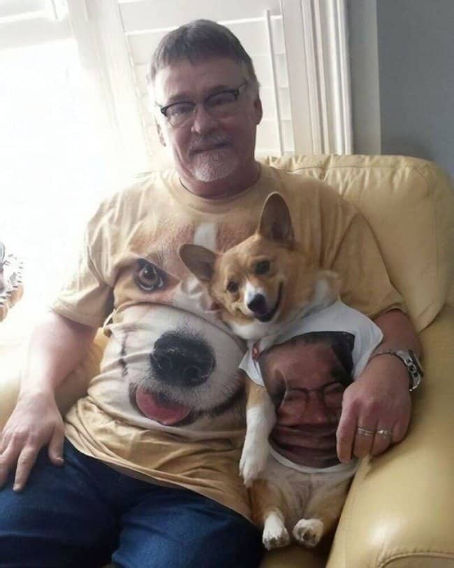 A man and his corgi dog wearing shirts with each other's faces among cool animals.