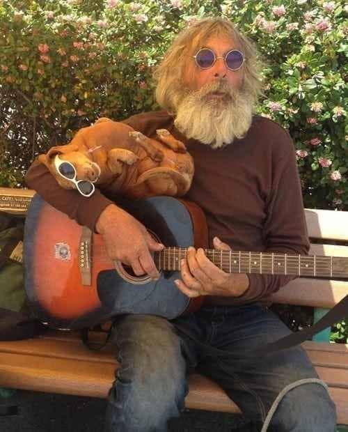 A street musician and his sunglass-wearing dachshund play guitar together in cool animals.