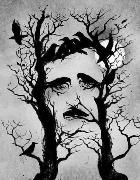 An artistic black and white illustration of bare trees and crows forming Edgar Allan Poe's face.