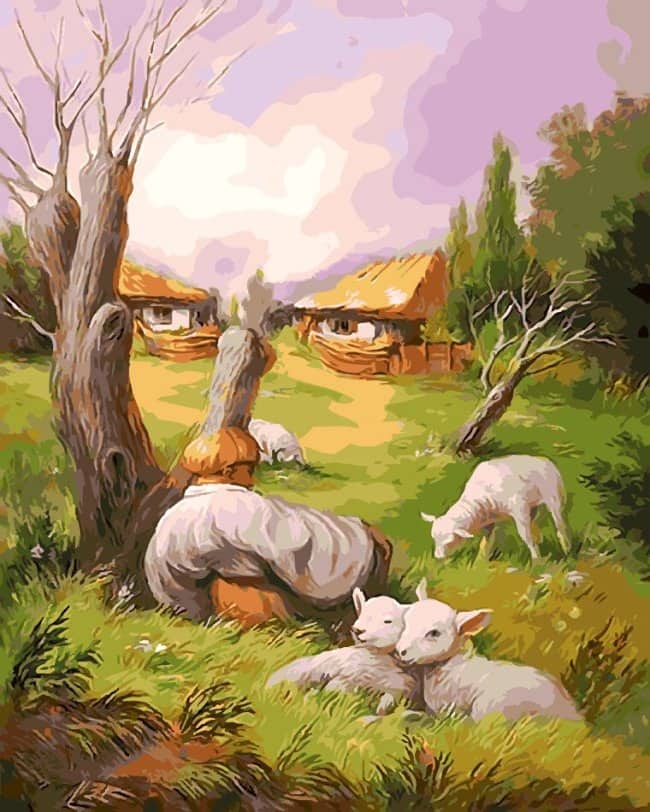 A painting of a pastoral countryside scene with sheep that hiddenly outlines a man's face profile.