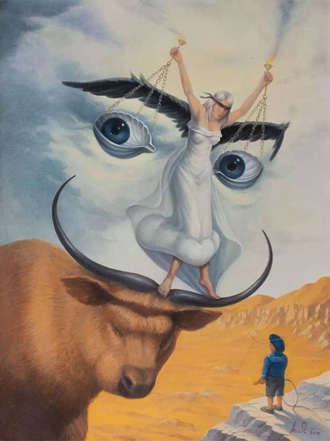Surreal painting of a blindfolded woman on a bull's horns forming Salvador Dali's face.