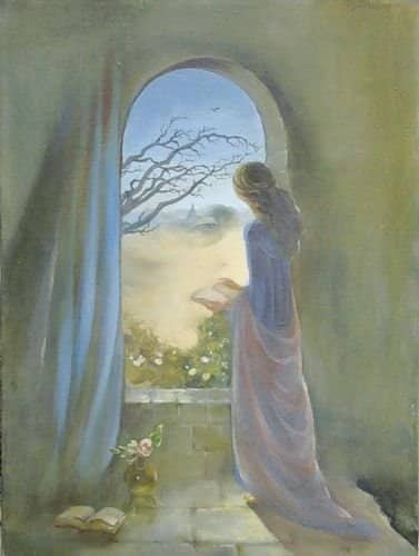Oil painting of a woman reading by a large arched window that forms a face profile.
