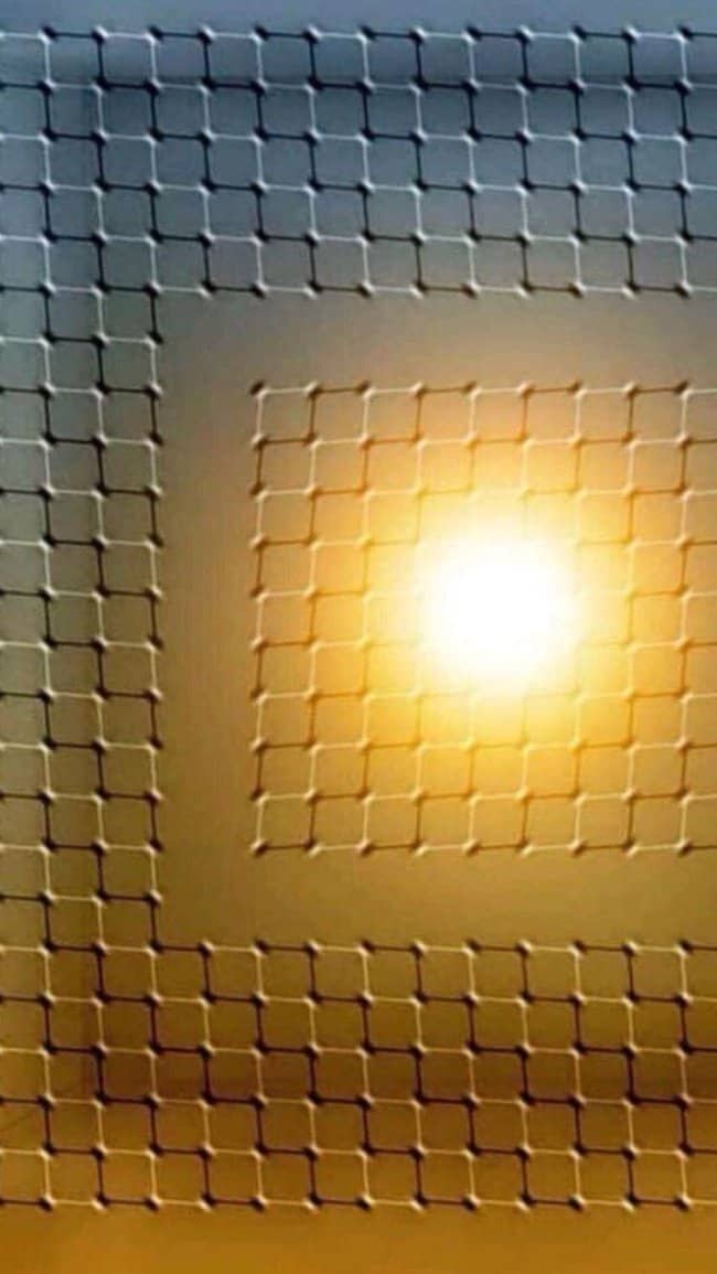 A golden geometric grid pattern with a central bright light that appears to warp and move.