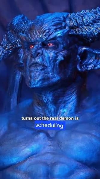 This highly relatable d&d meme captures a dramatic close-up of a blue-skinned, muscular demon bust with massive curled horns and piercing, glowing red eyes. The atmospheric blue-lit fantasy figure is accompanied by a deadpan, white-and-blue text overlay that reads: "turns out the real demon is scheduling."