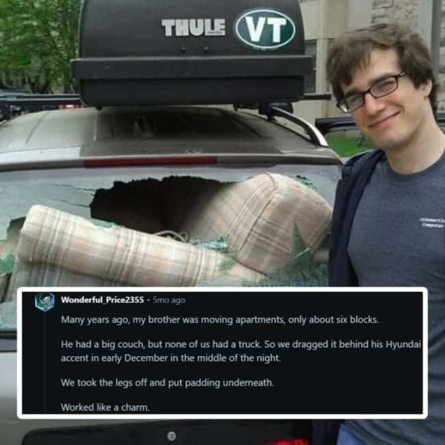 Man smiling in front of broken car window with text describing dragging couch behind car.