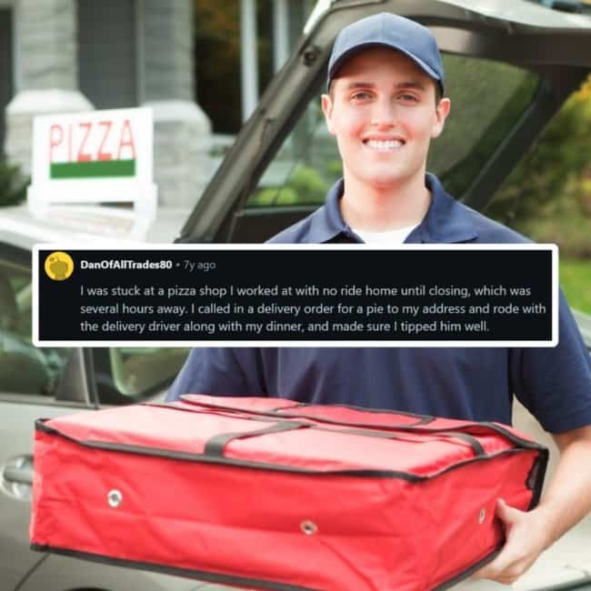 Pizza delivery driver holding thermal food bag with text about ordering pizza to get a ride