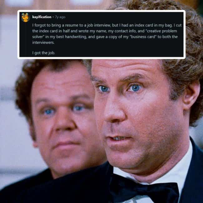Step Brothers movie meme featuring text story about creating a hand-drawn business card for interview.