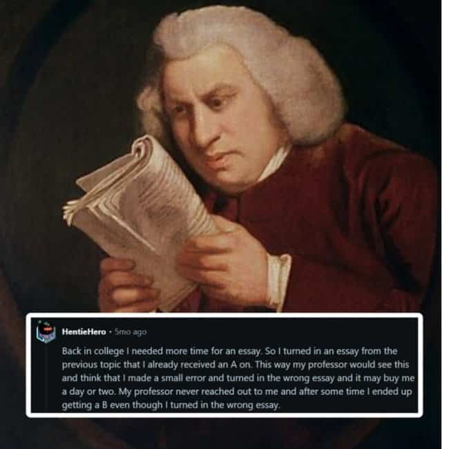 Classical painting of man reading book with text about submitting wrong essay and getting an A.