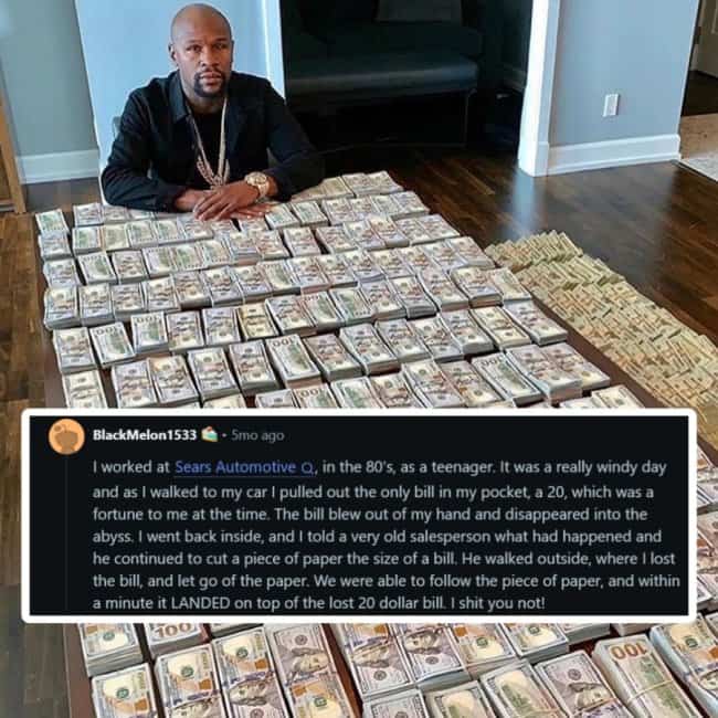 Floyd Mayweather sitting at table covered in stacks of cash with text about paper wind trick.