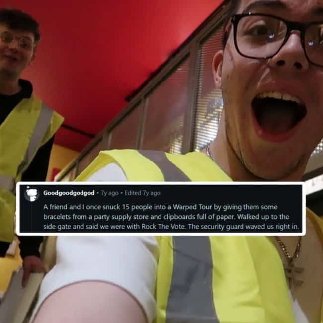 Man wearing high-visibility safety vest with text about using clipboards to sneak into music festival.