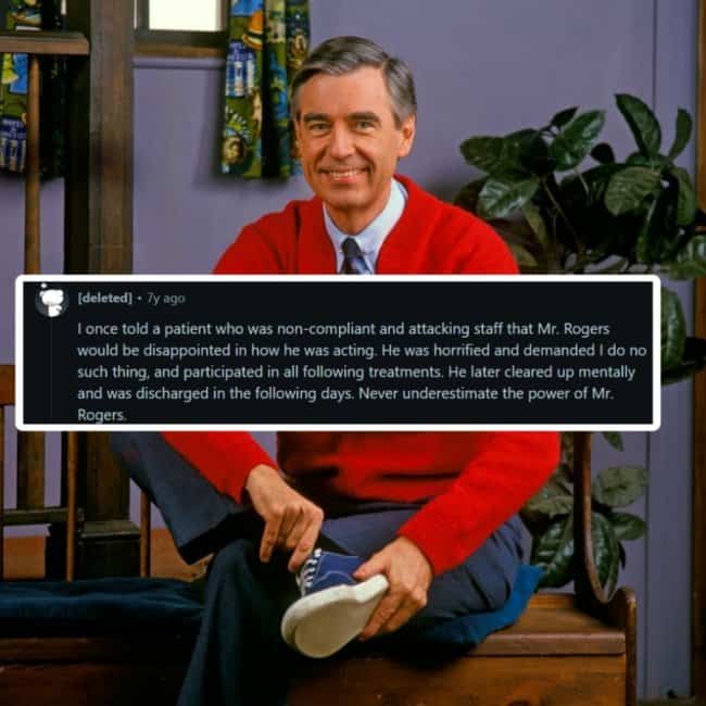 Mister Rogers sitting in sweater with text about using his name to calm down patient.