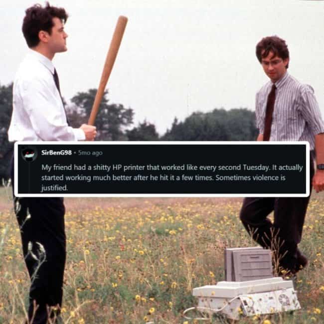 Office Space movie scene featuring baseball bat over printer with text about percussive maintenance working.