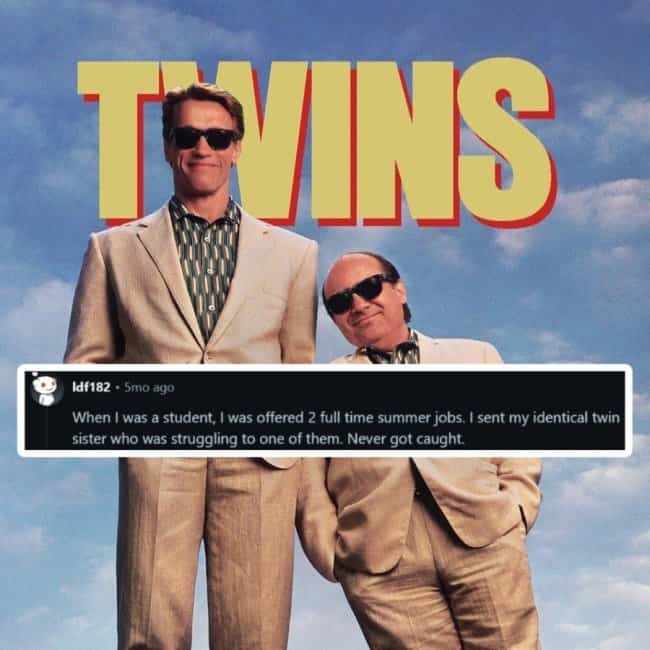 Movie poster for Twins featuring text story about identical twin sister taking second full-time job.