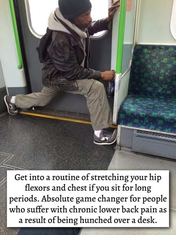 Commuter stretching hip flexors on public subway train next to ergonomics life hack text.
