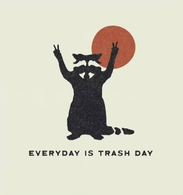 Textured graphic of a raccoon silhouette throwing up peace signs in front of a red sun.