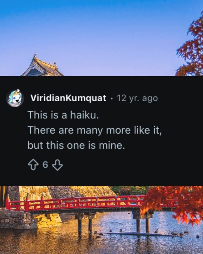 Poetic reddit comment by user ViridianKumquat referencing a famous military creed over a scenic Japanese castle.