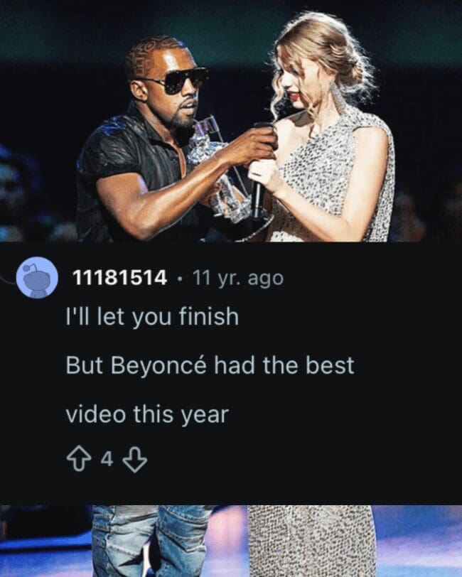 Kanye West interrupting Taylor Swift VMA meme paired with a structured three-line joke by user 11181514.