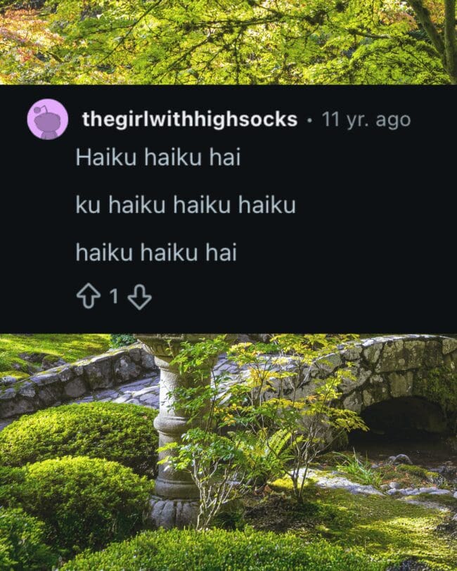 Repetitive text box meme by user thegirlwithhighsocks spelling out the word haiku multiple times over a garden.