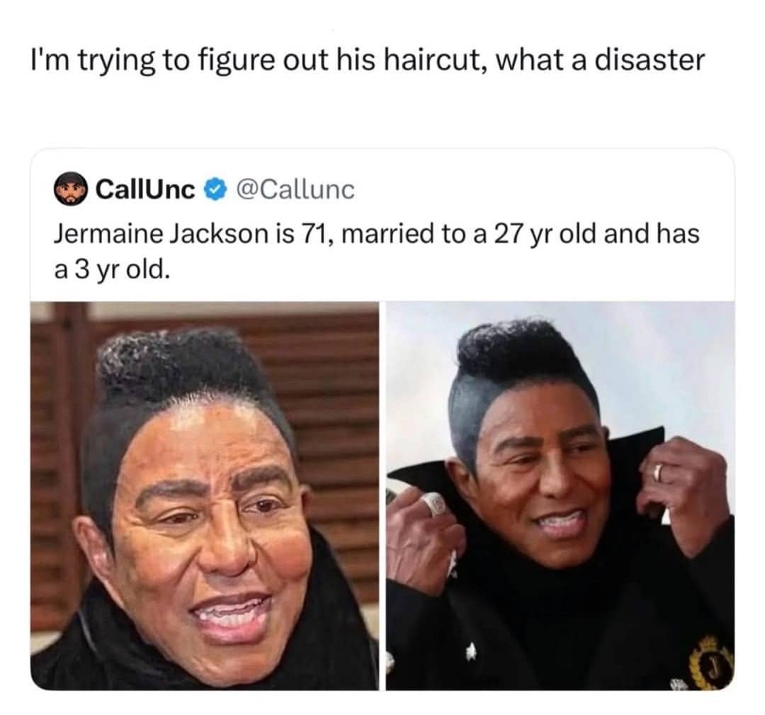 Two photos of Jermaine Jackson with a text caption joking about his unusual haircut.