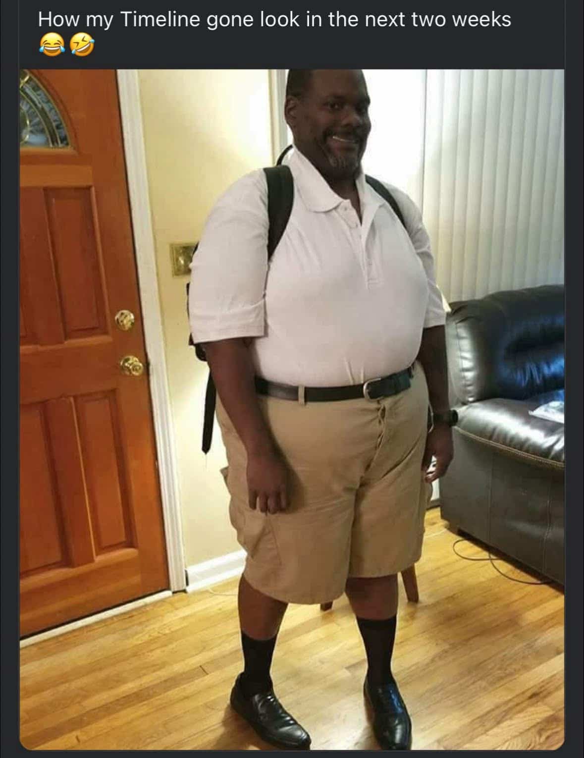 Funny back to school meme showing an adult man dressed in a school uniform with a backpack.