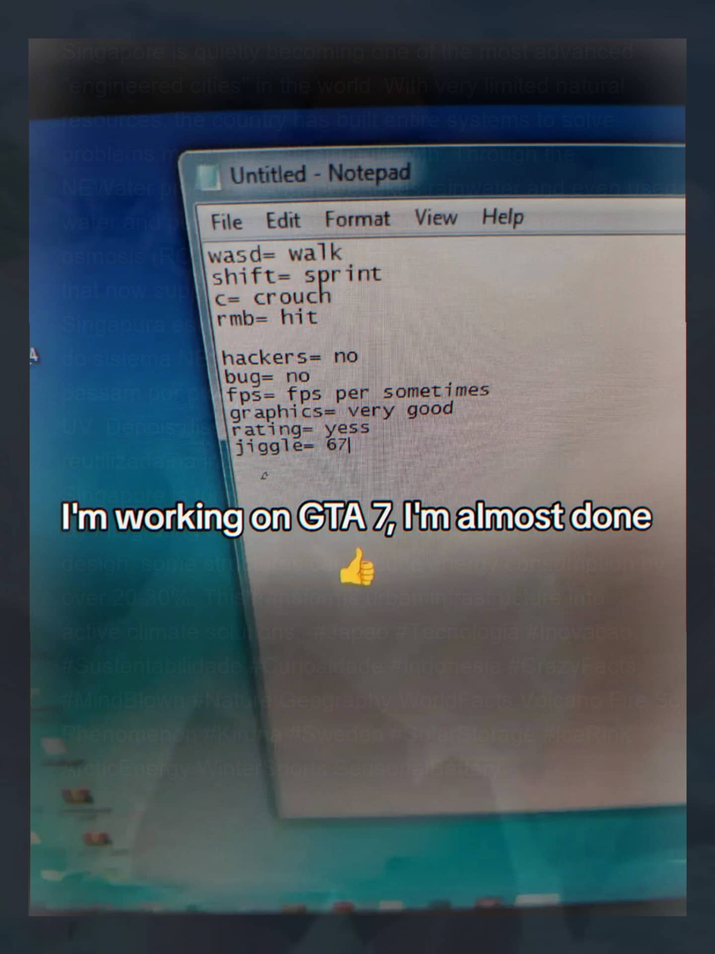 Notepad application window open showing basic video game settings labeled humorously as Grand Theft Auto 7 development.
