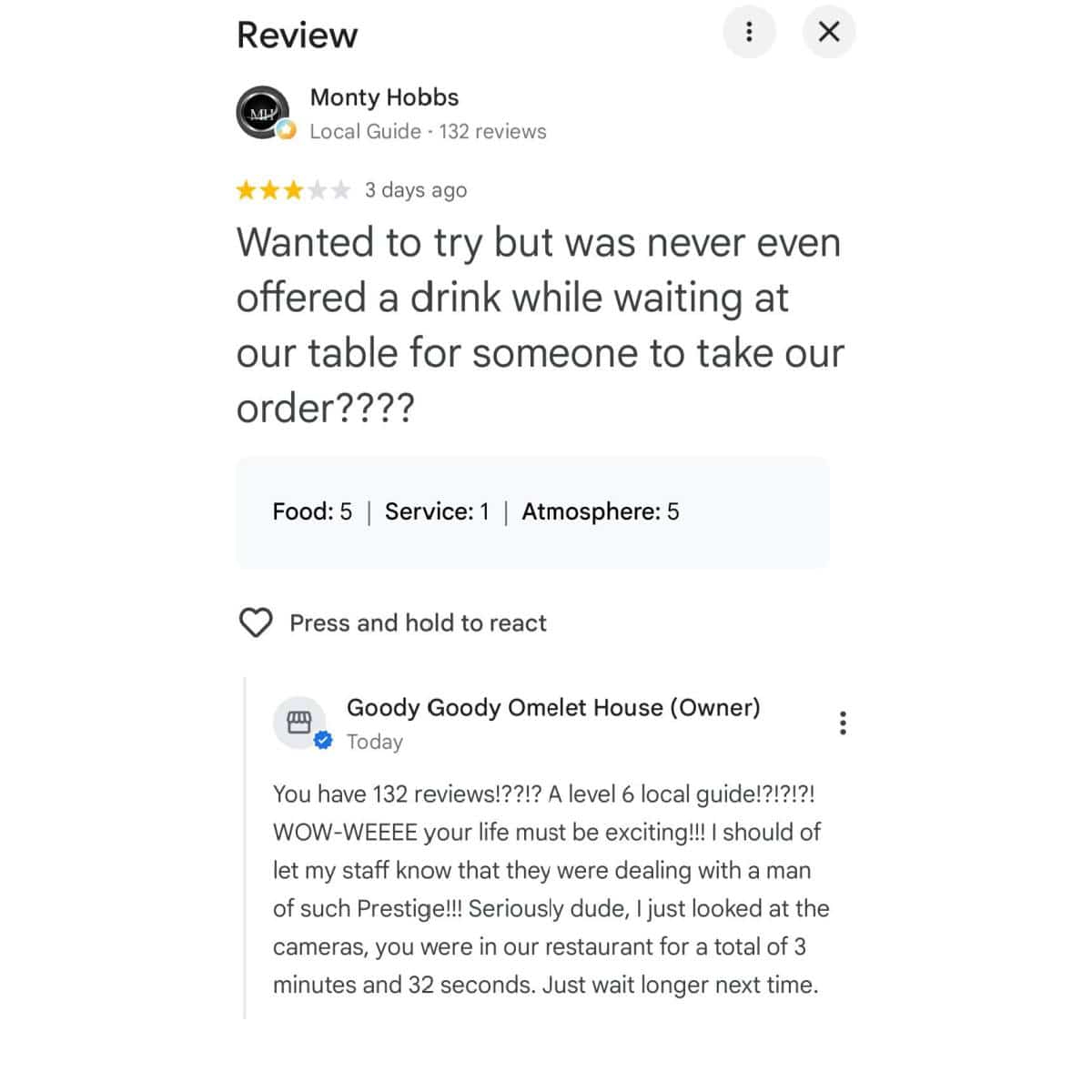 Sarcastic restaurant owner response to a one star online review in a funny meme.
