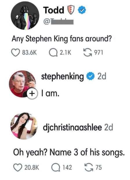 Social media thread meme asking for Stephen King fans where author replies himself.