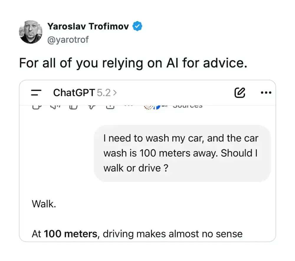 Funny AI advice meme where a chatbot tells a user to walk to the car wash.