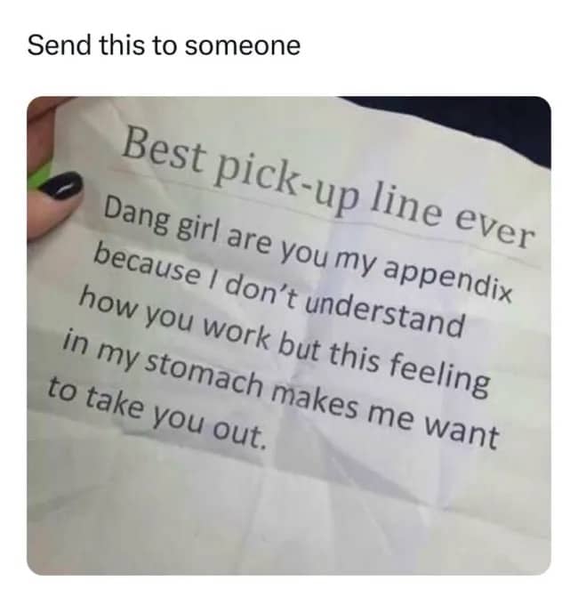 A handwritten note featuring a humorous medical pick-up line comparing love to an appendix.