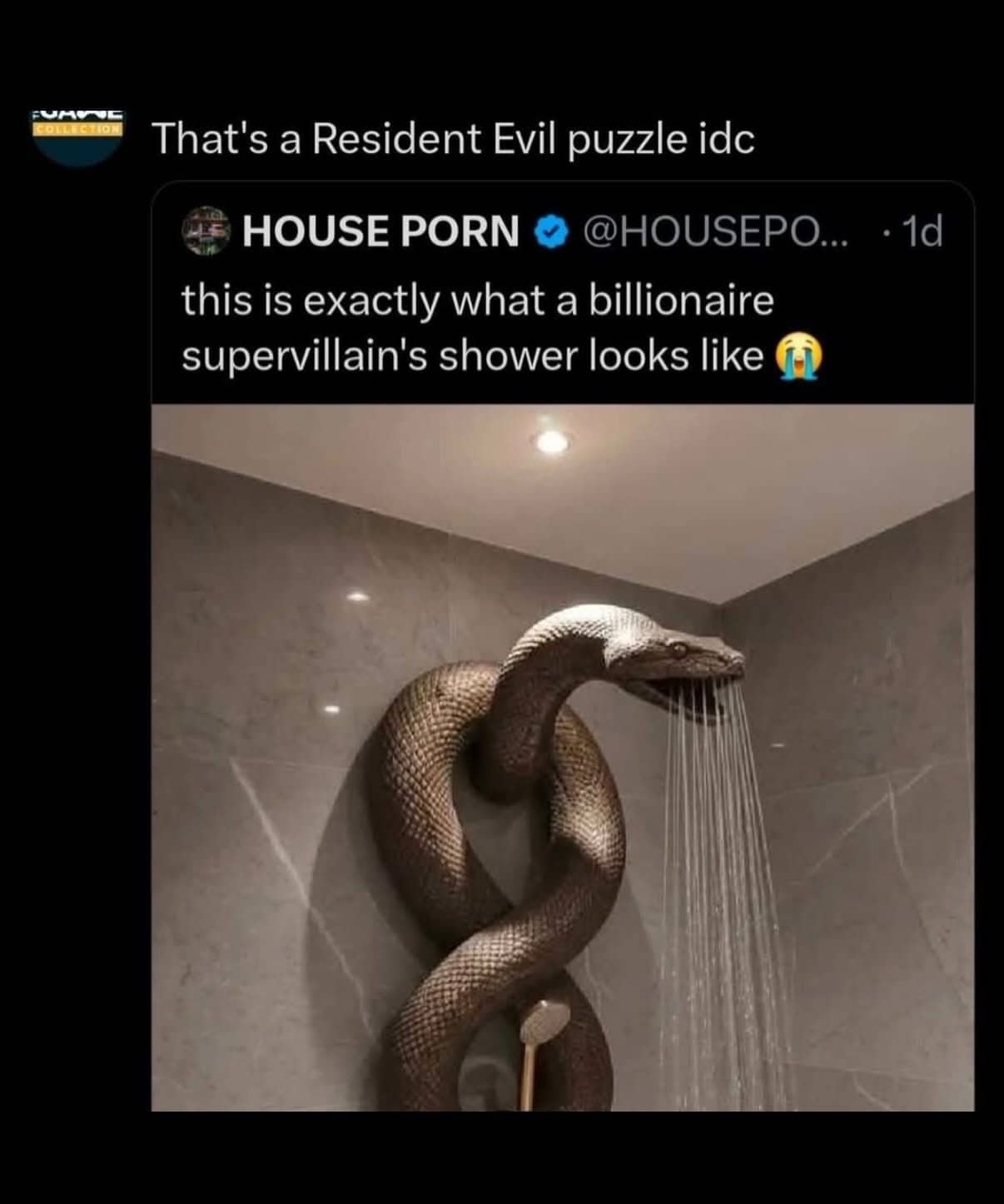 Large metallic snake sculpture used as a shower head spraying water in a modern bathroom.