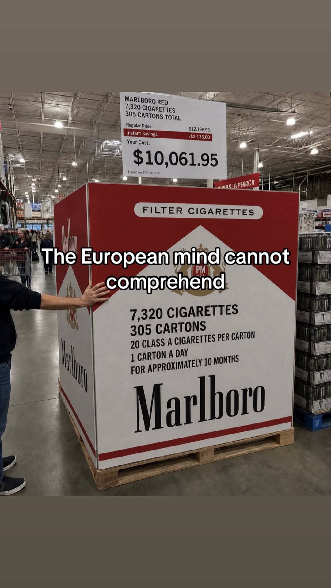 Funny meme showing a massive palette-sized box of Marlboro cigarettes in a wholesale store.